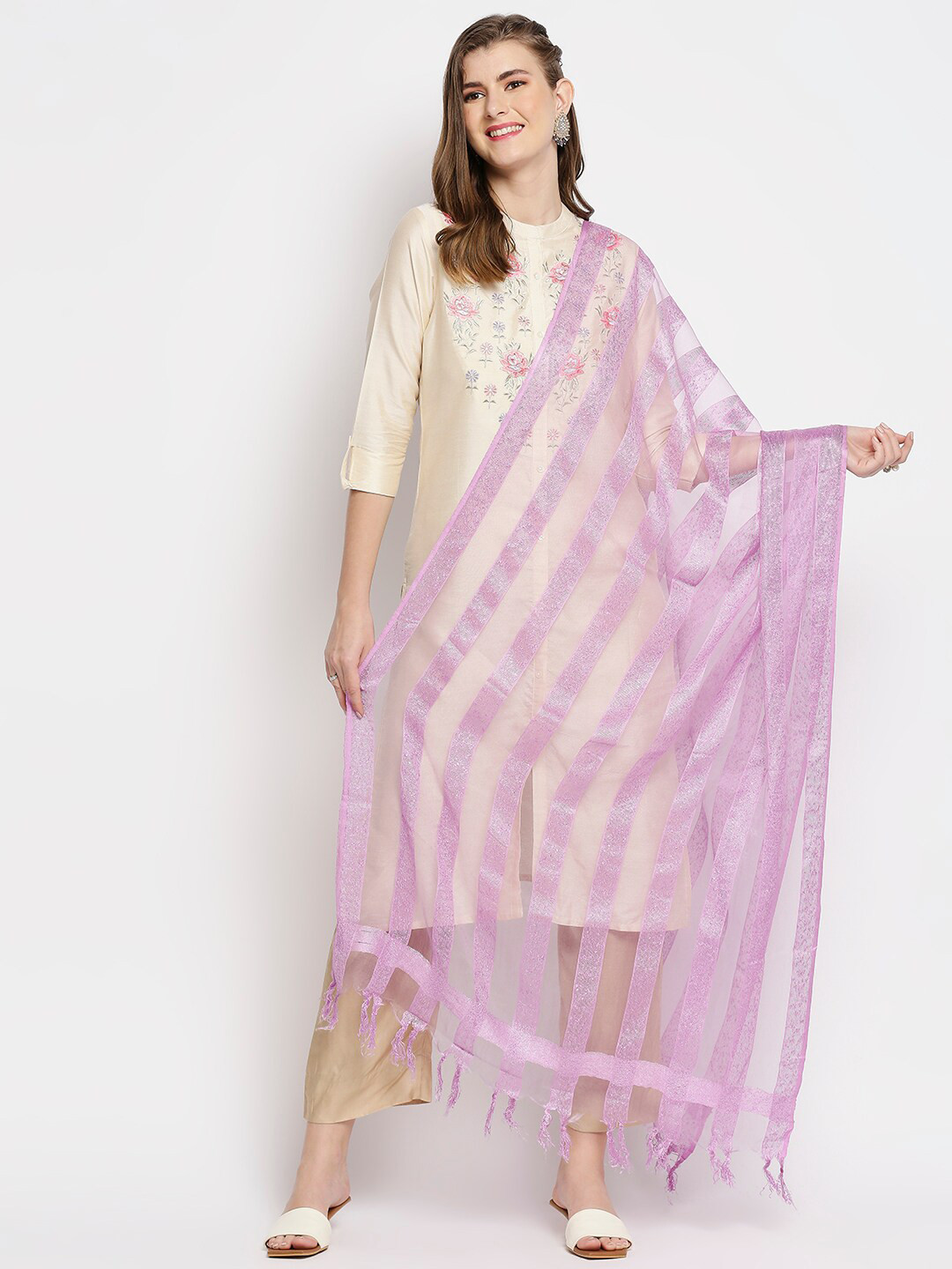 

Dupatta Bazaar Mauve & Silver-Toned Woven Design Organza Dupatta