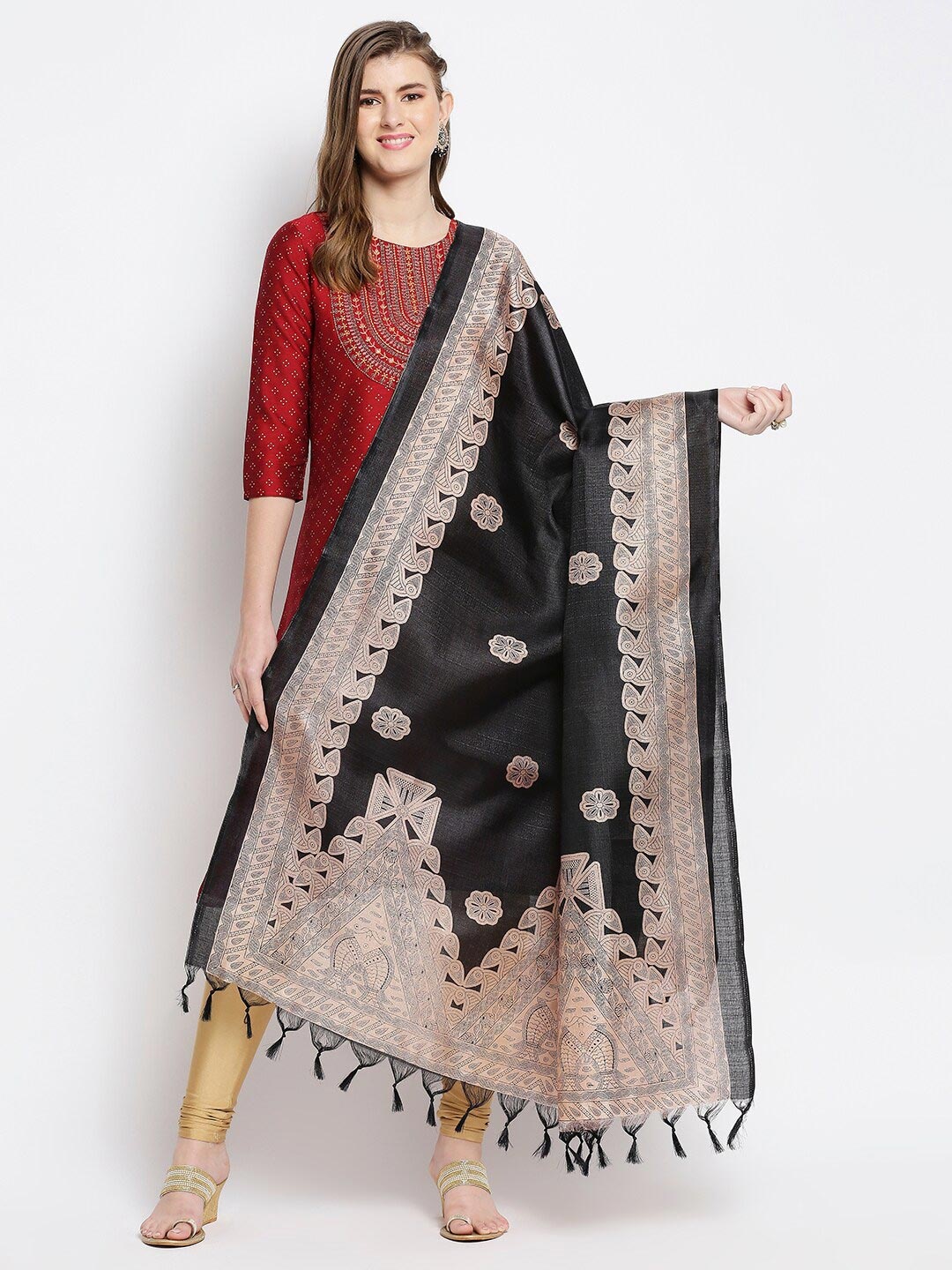 

Dupatta Bazaar Black & Beige Ethnic Motifs Printed Art Silk Dupatta