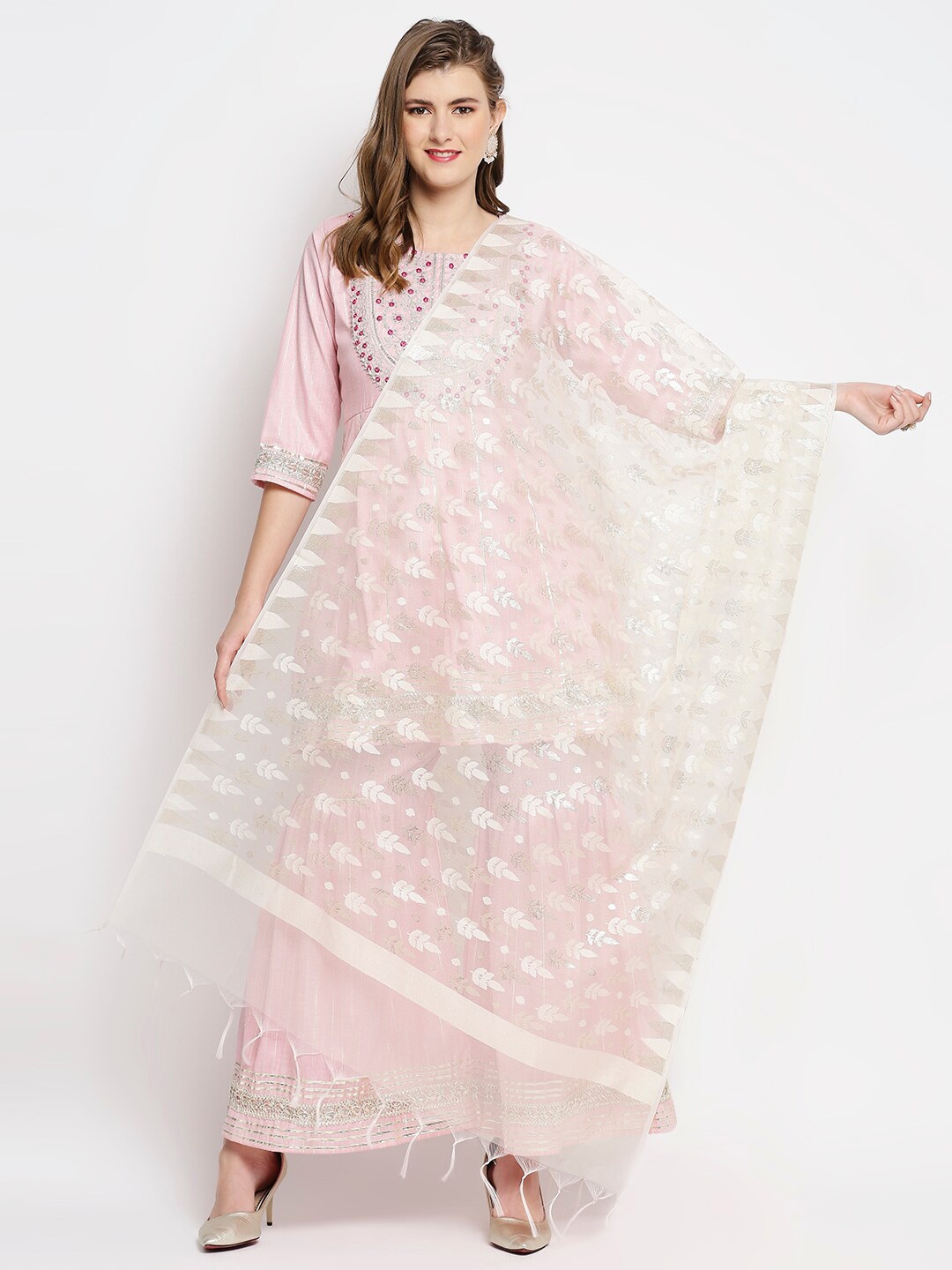 

Dupatta Bazaar Cream-Coloured & Silver-Toned Woven Design Dupatta