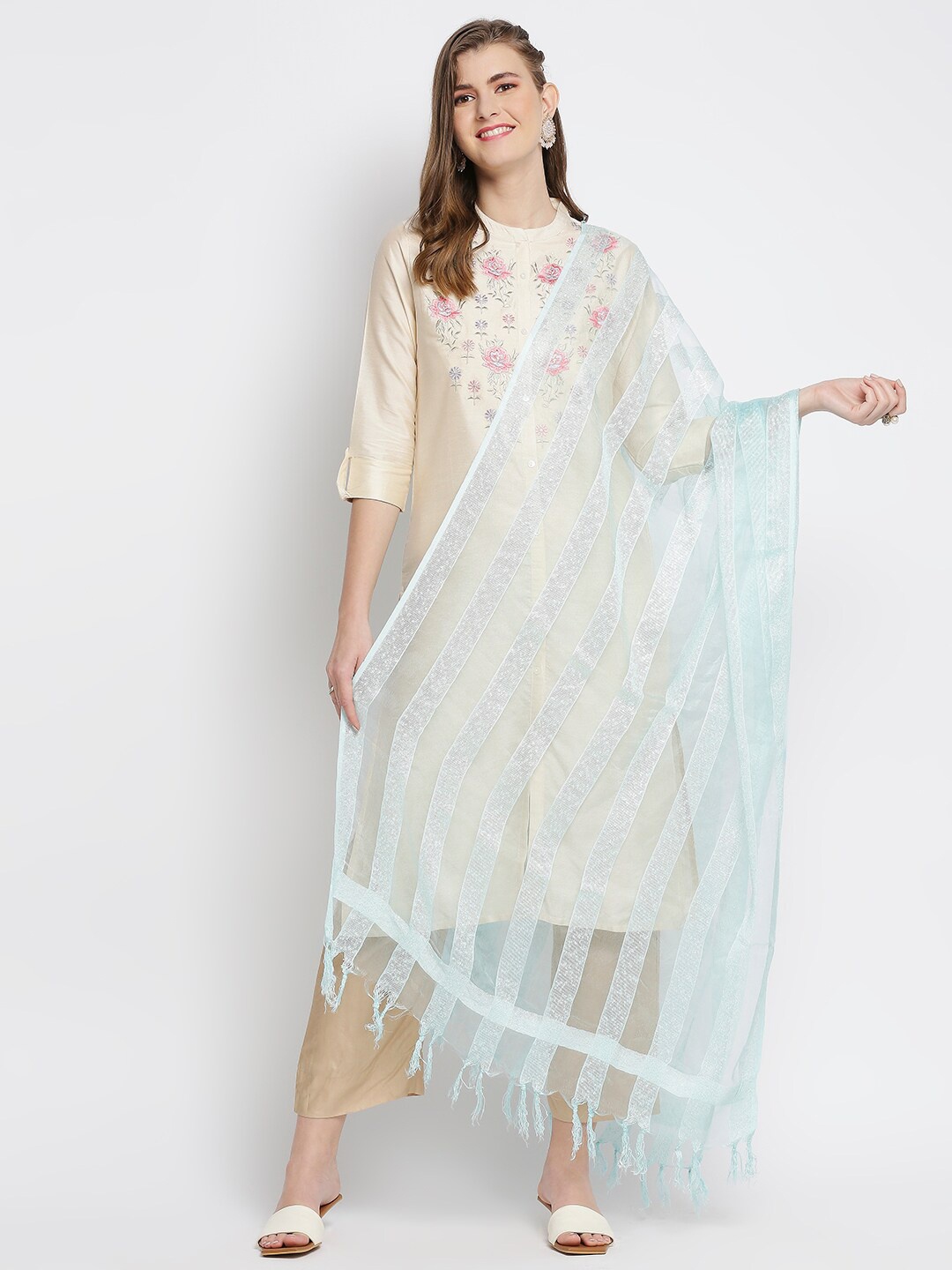 

Dupatta Bazaar Blue & Silver-Toned Woven Design Organza Dupatta