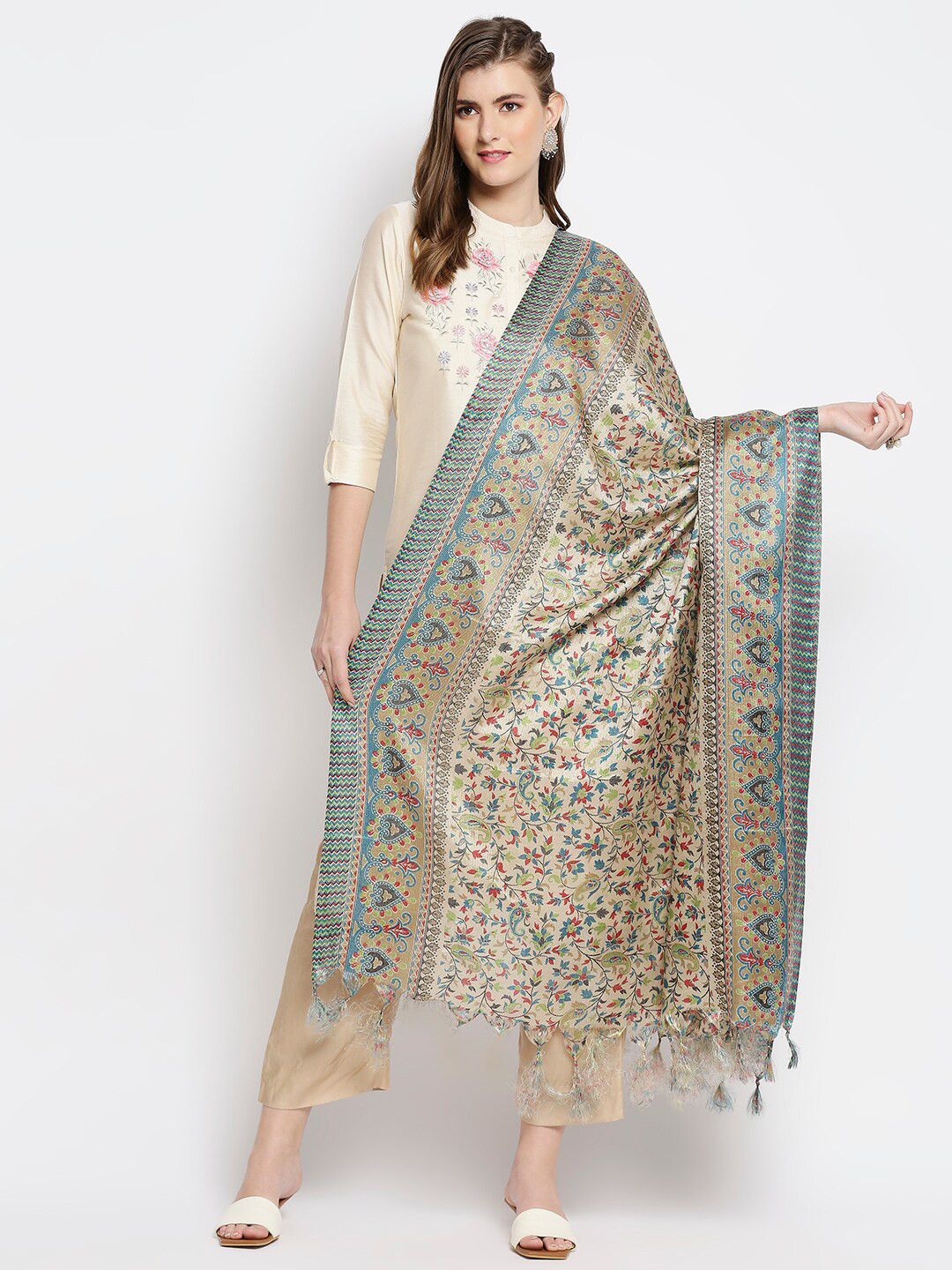 

Dupatta Bazaar Beige & Blue Ethnic Motifs Printed Art Silk Dupatta