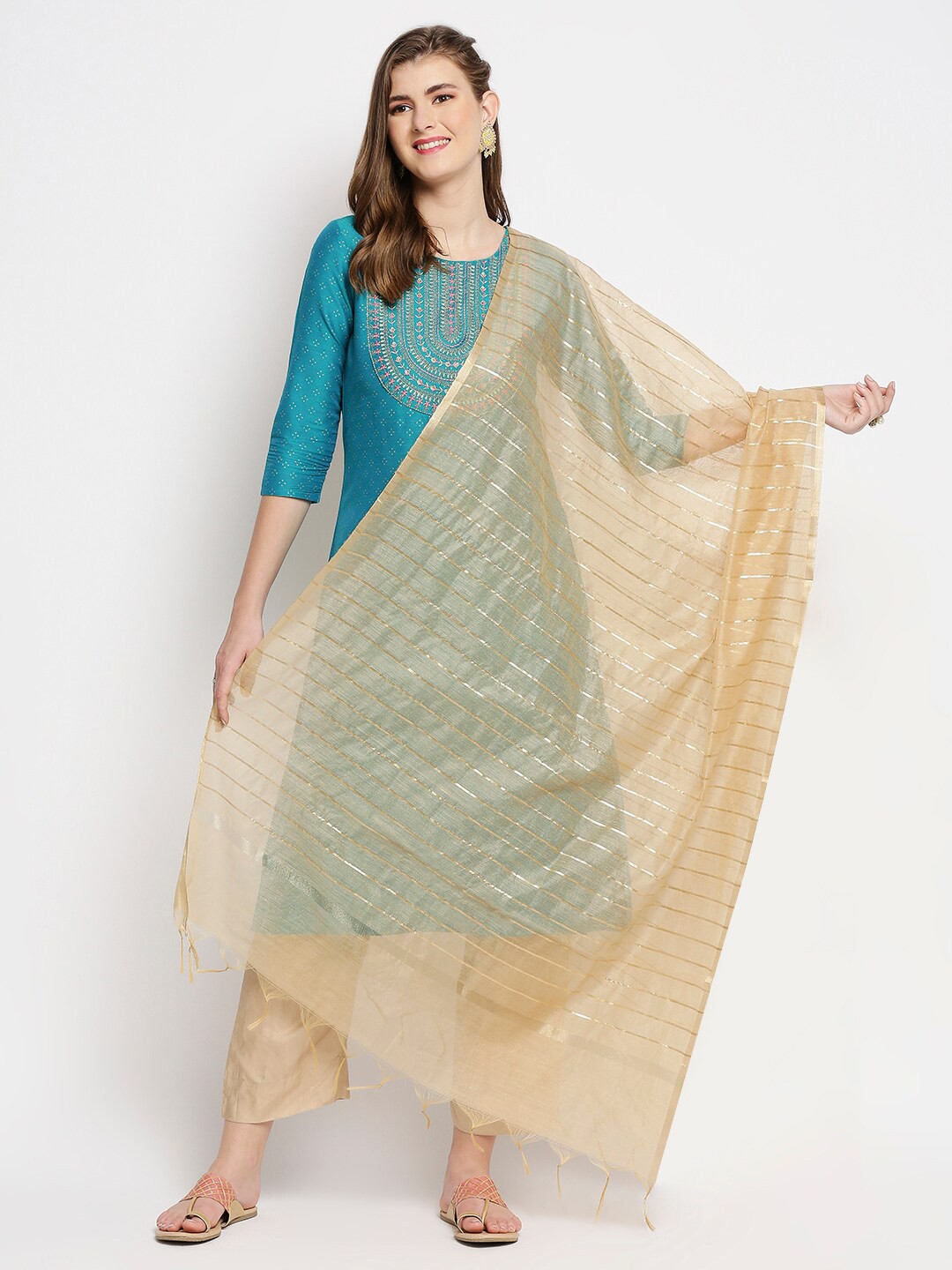 

Dupatta Bazaar Gold-Toned Woven Design Cotton Silk Dupatta