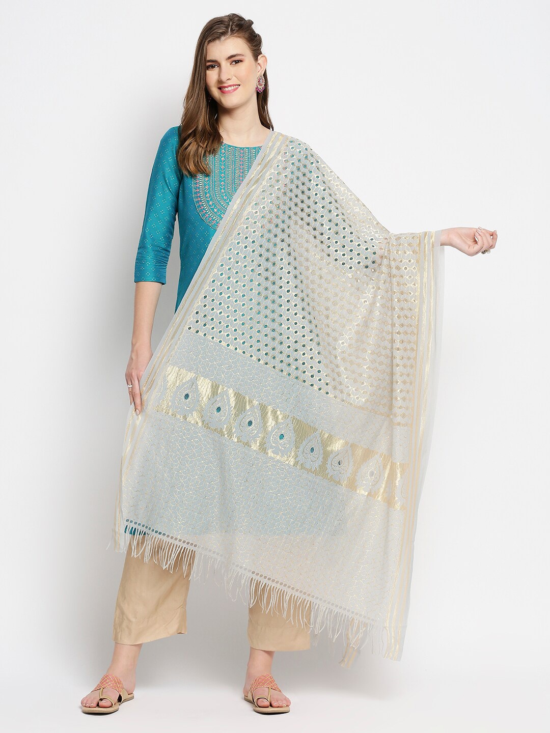 

Dupatta Bazaar Grey & Gold-Toned Woven Design Dupatta