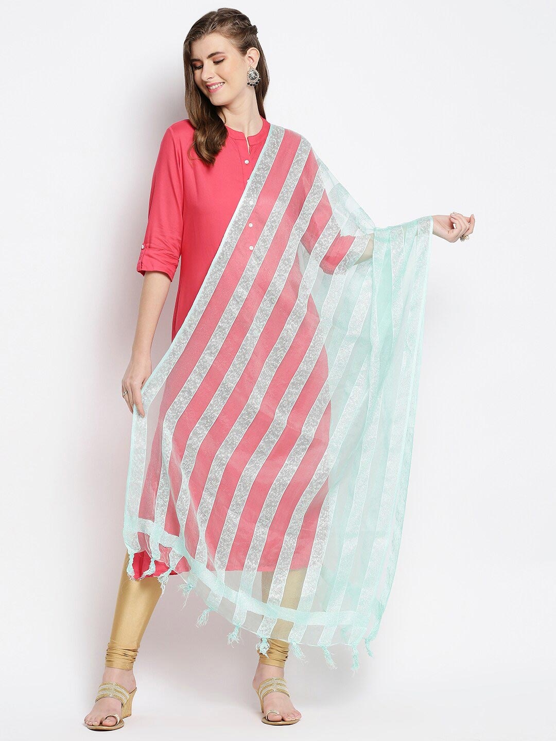

Dupatta Bazaar Sea Green & Silver-Toned Striped Organza Dupatta