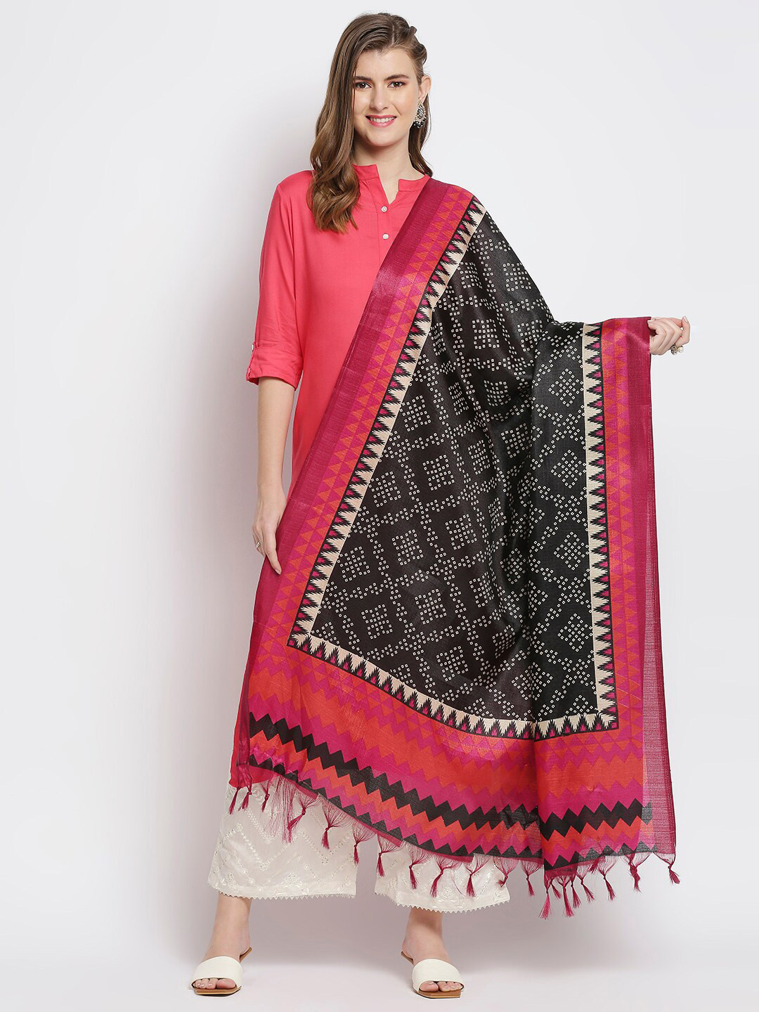 

Dupatta Bazaar Black & Pink Printed Art Silk Dupatta