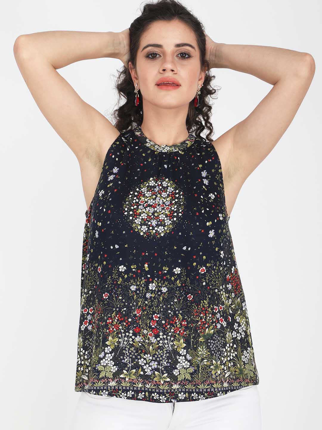 

angloindu Women Navy Blue Floral Print Top
