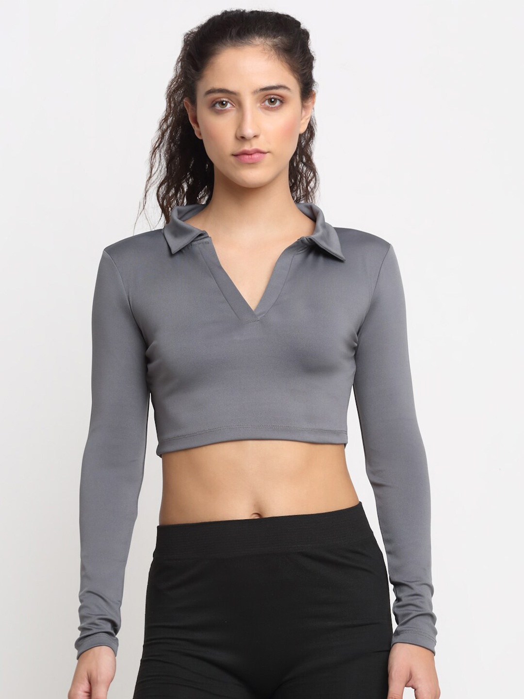 

EVERDION Grey Full Sleeves Crop Top