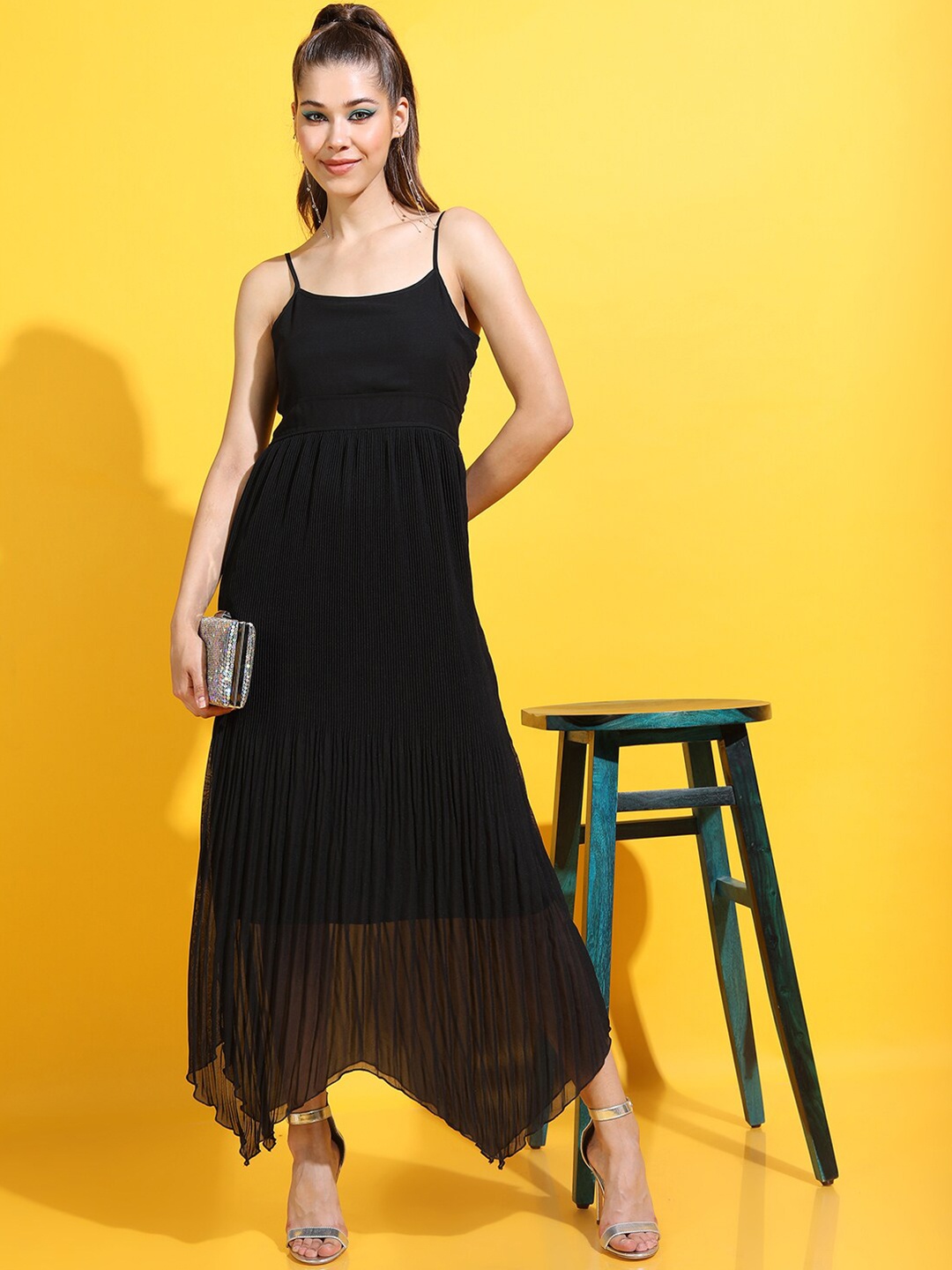 

Tokyo Talkies Women Black Strappy Pleated Midi Dress