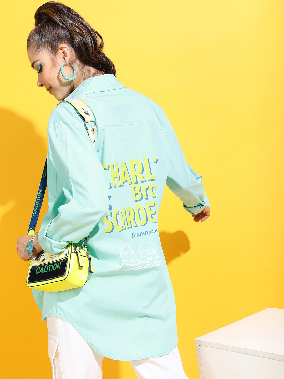 

Tokyo Talkies Women Tranquil Teal Graphic Loose fit Shirt