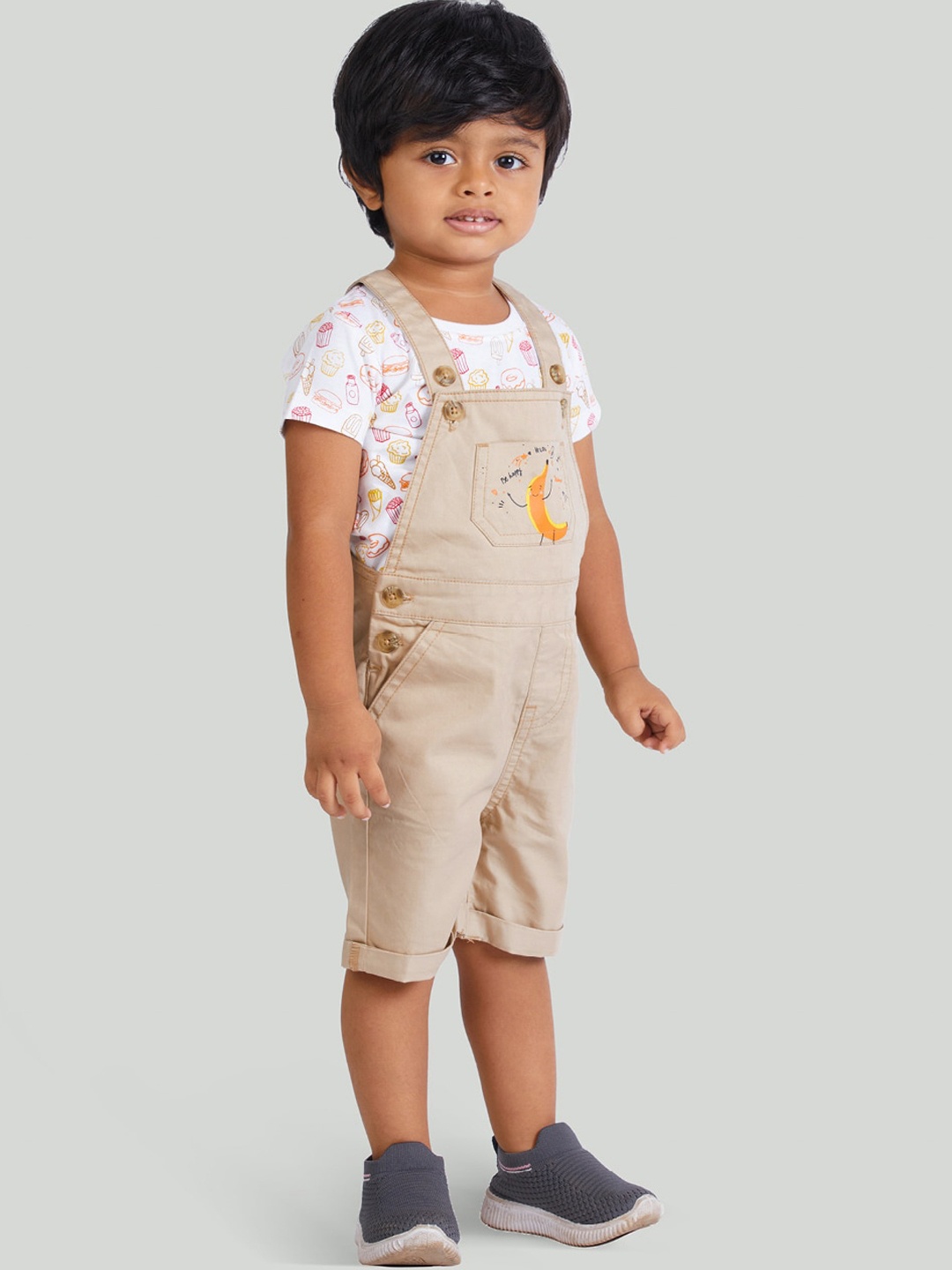 

Zalio Boys Khaki & White Cotton Dungarees With Printed Tshirt