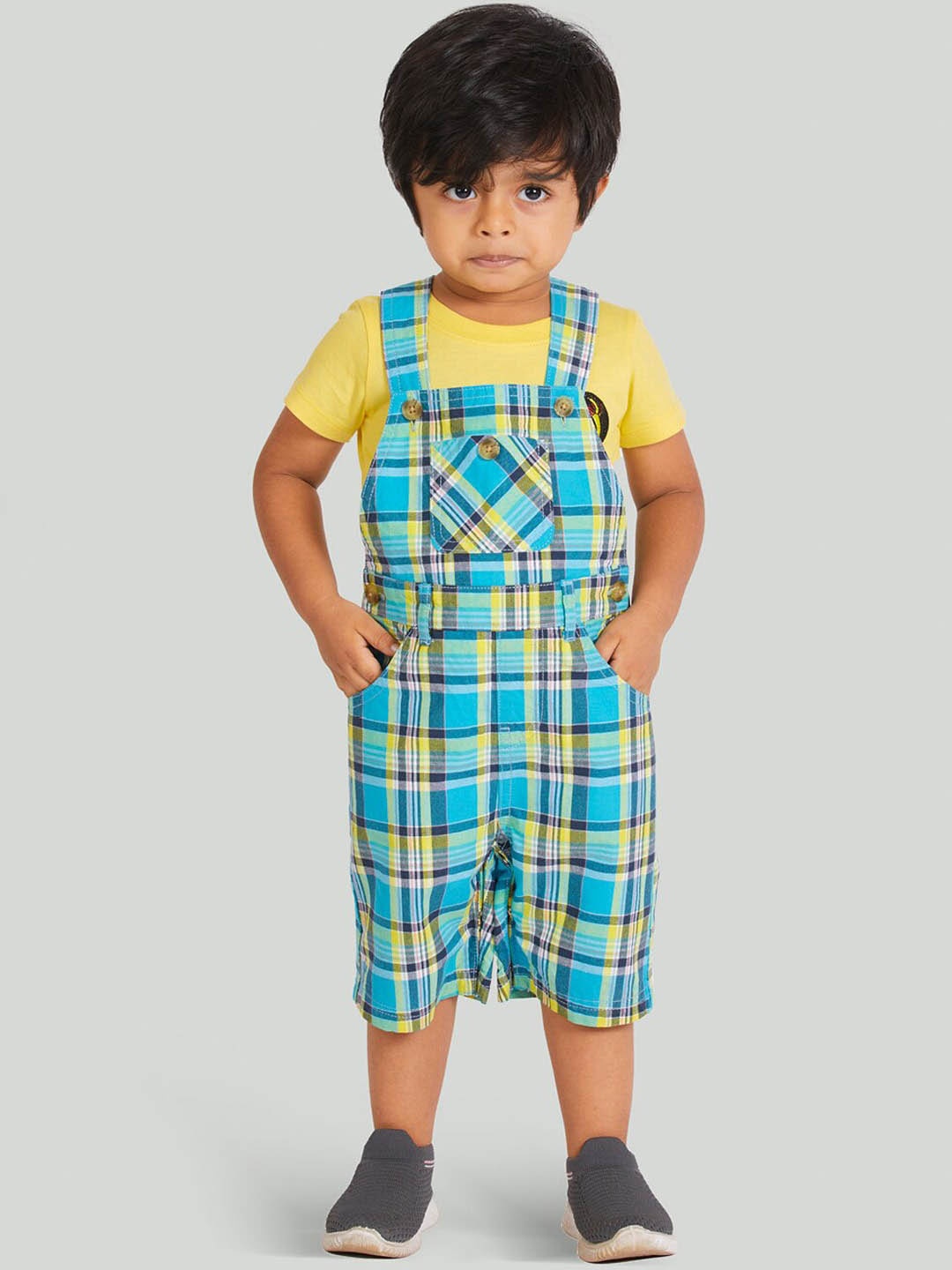 

Zalio Boys Blue & Yellow Checked Pure Cotton Dungarees