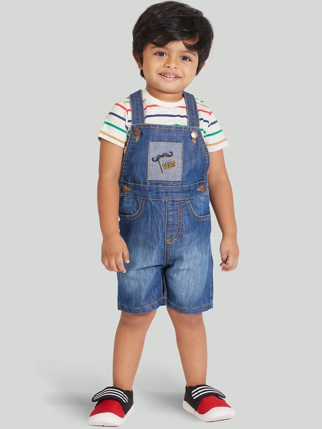 

Zalio Boys Blue Solid Denim Dungarees With Striped T-Shirt