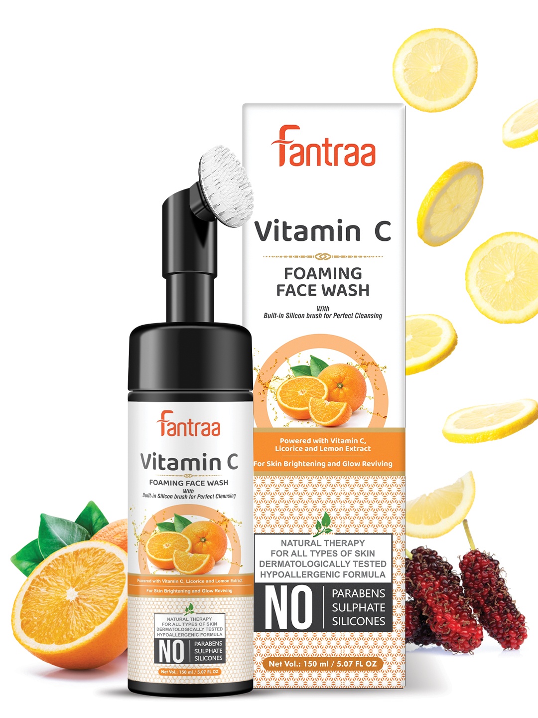 

Fantraa Vitamin C Foaming Face Wash With Built-In Face Brush for Revive Skin Glow - 150 ml, White