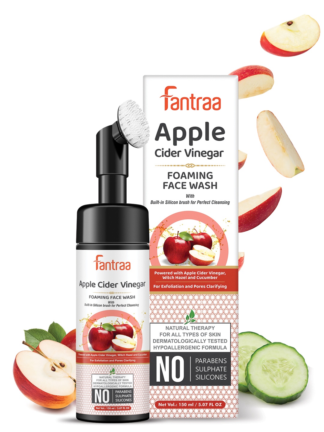 

Fantraa Apple Cider Vinegar Foaming Face Wash with Built-In Face Brush - 150 ml, White