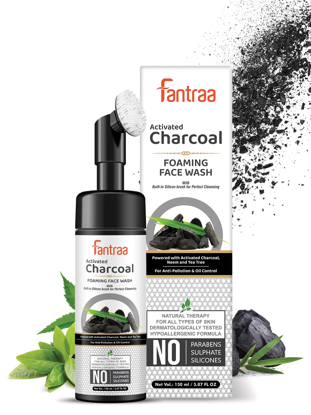 

Fantraa Activated Charcoal Foaming Face Wash with Built-In Face Brush - 150 ml, White
