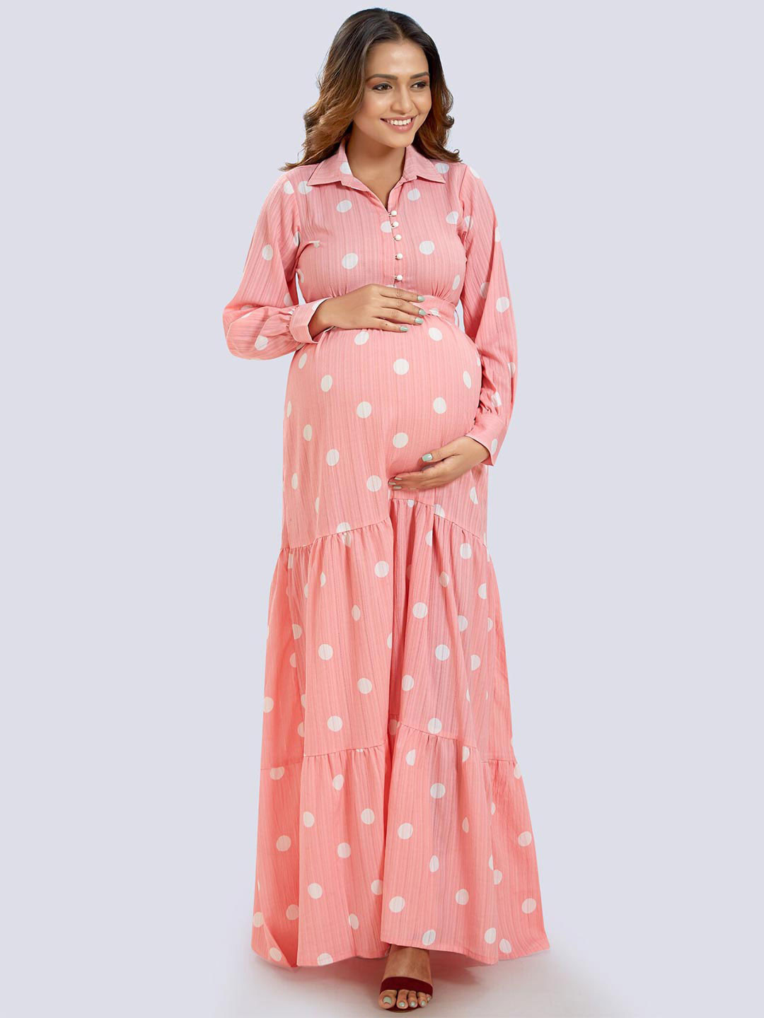 

Mom For Sure by Ketki Dalal Pink Polka Dots Printed Maternity Maxi Dress