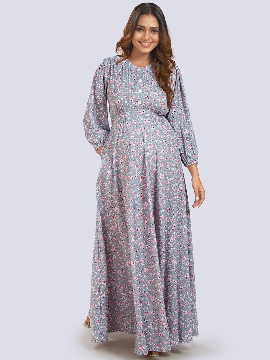 Mom For Sure by Ketki Dalal Grey Floral Maternity Maxi Dress