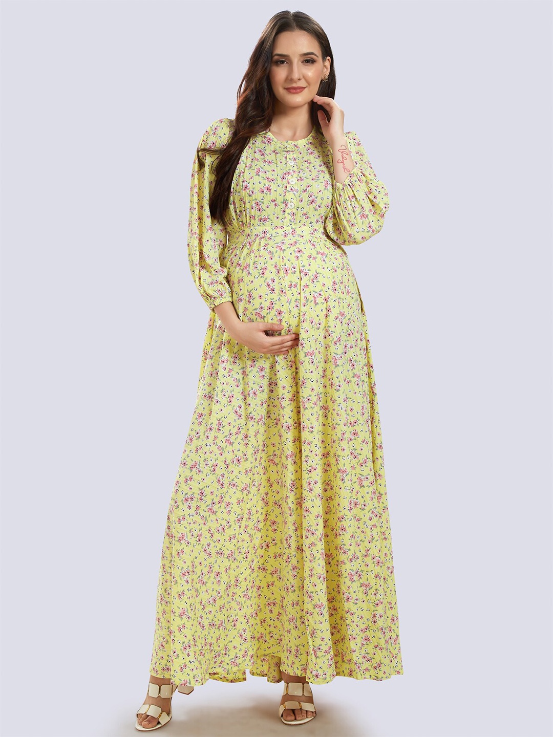 

Mom For Sure by Ketki Dalal Yellow Floral Maternity Maxi Dress