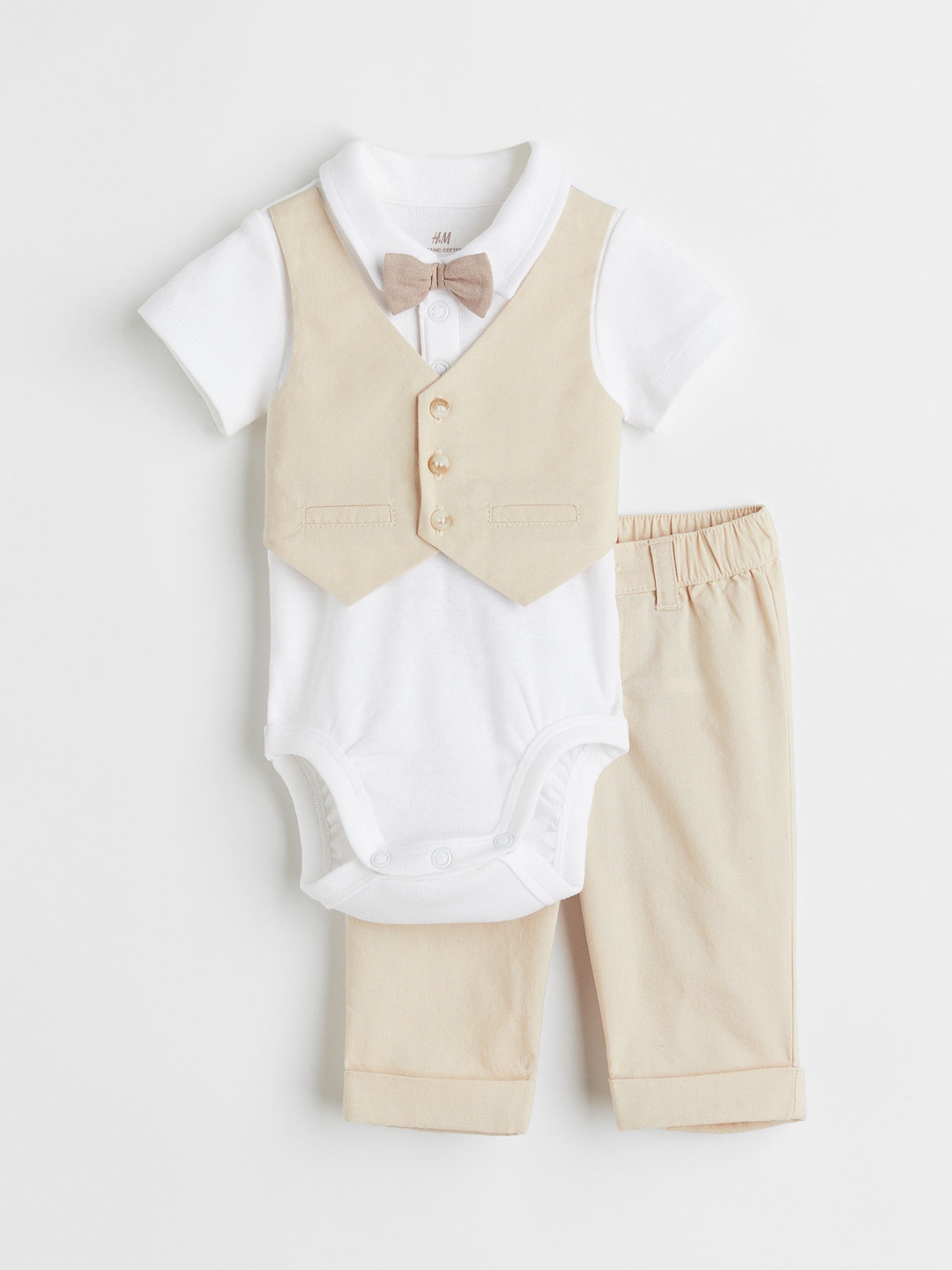 

H&M Boys Pack Of 2 Beige & White Solid Pure Cotton Dressy Set