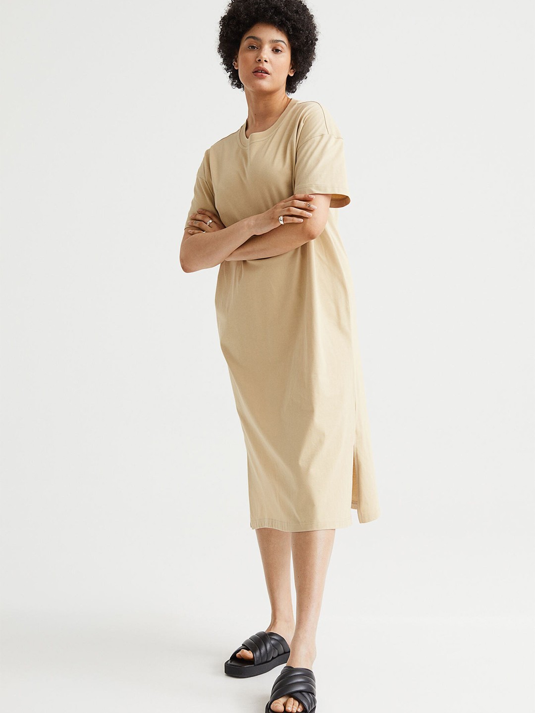 

H&M Women Beige Solid Cotton Calf-Length T-Shirt Dress