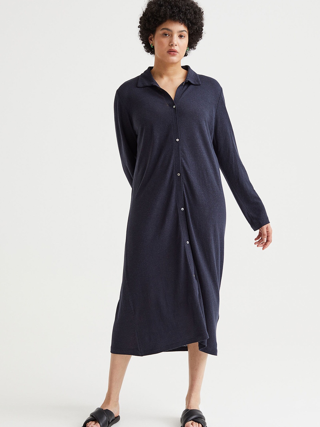 

H&M Women Blue Linen-blend Shirt Dress