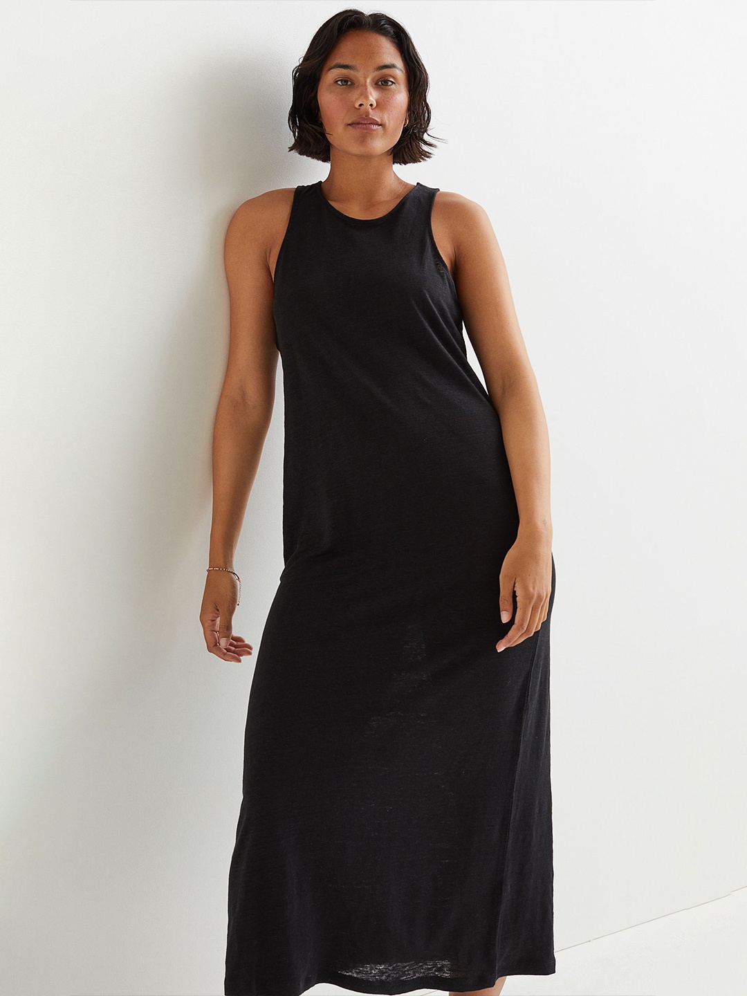 

H&M Women Black Solid Linen Jersey Long Dress