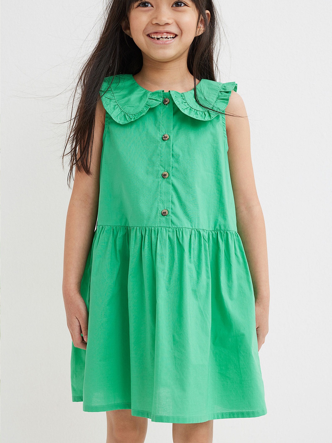 

H&M Girls Green Solid Collared Cotton Dress