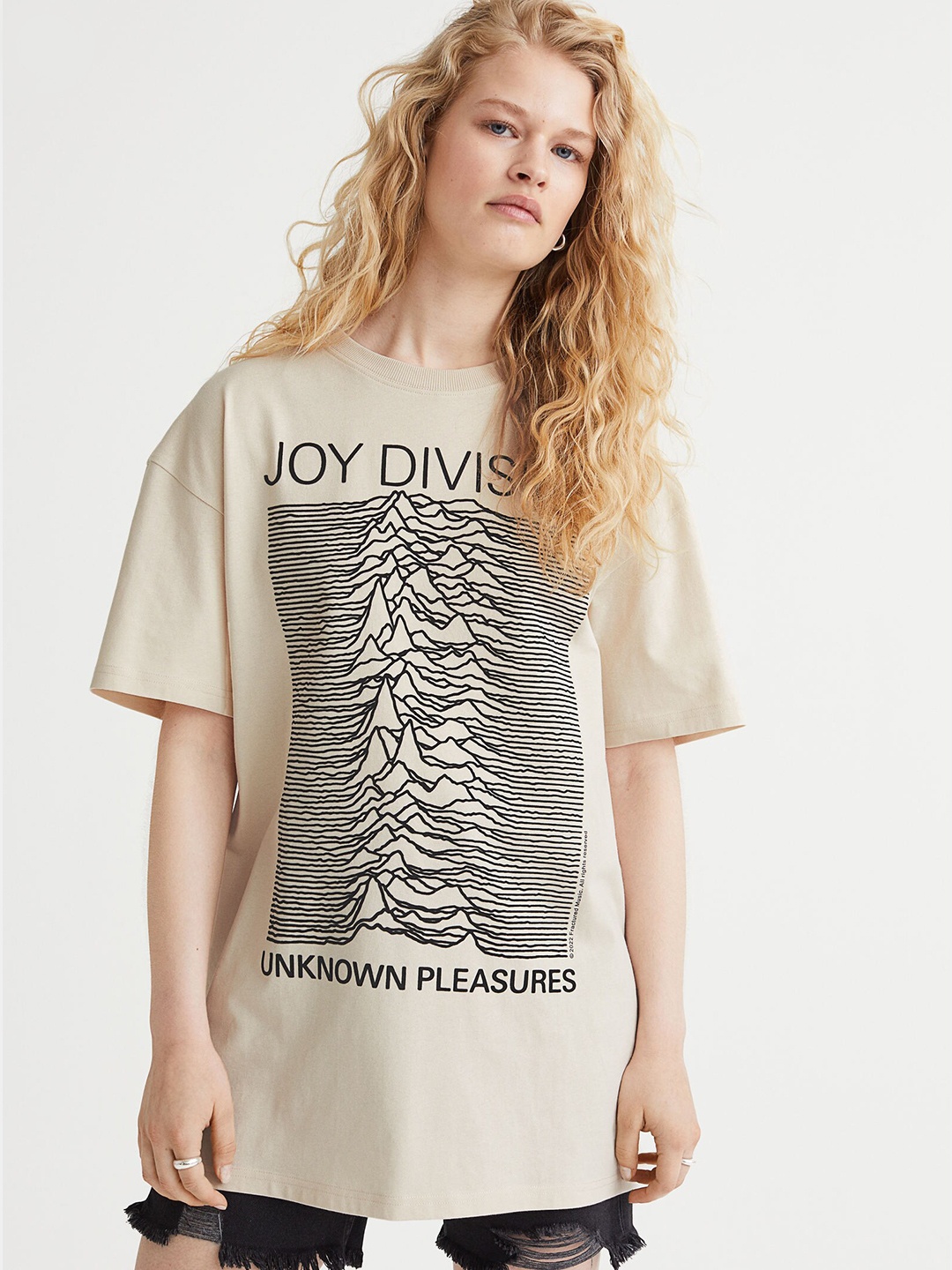 H&M Women Beige Oversized Motif-Detail T-Shirt