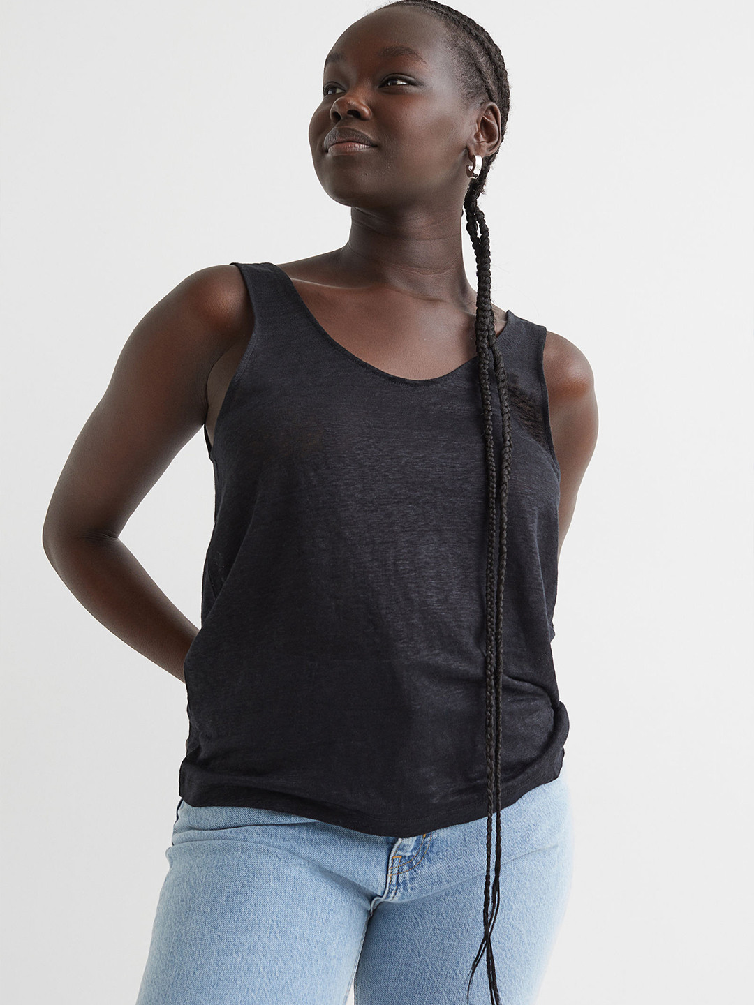 

H&M Women Black Solid Linen Jersey Vest Top