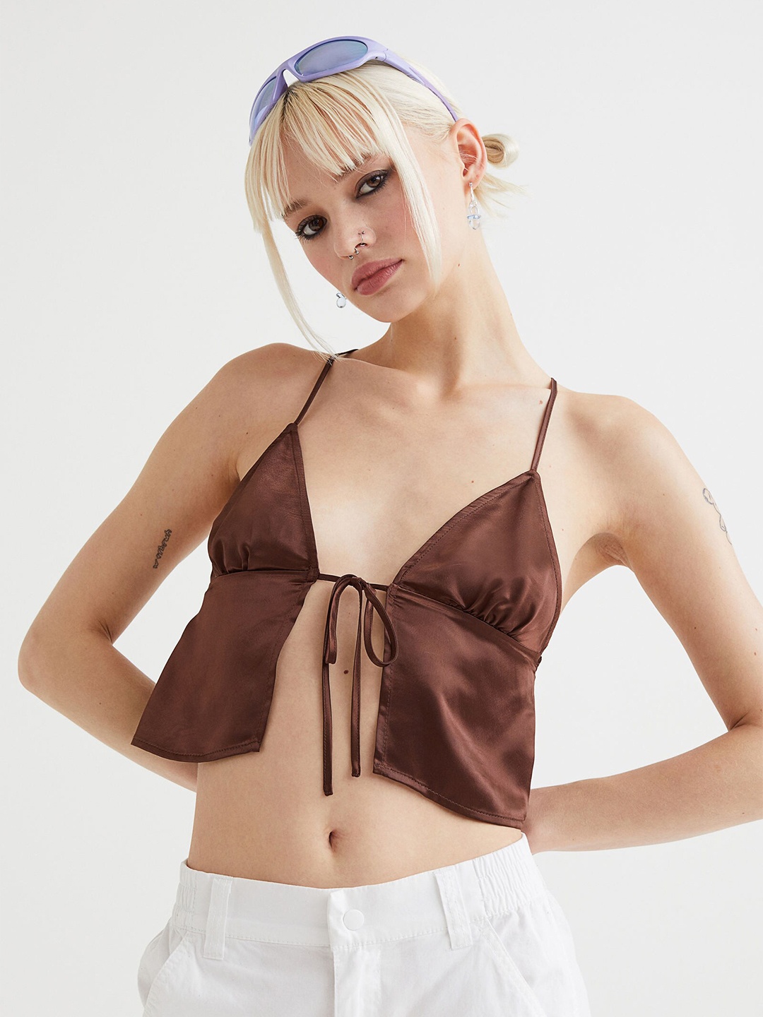 

H&M Women Brown Solid Tie Detail Satin Top