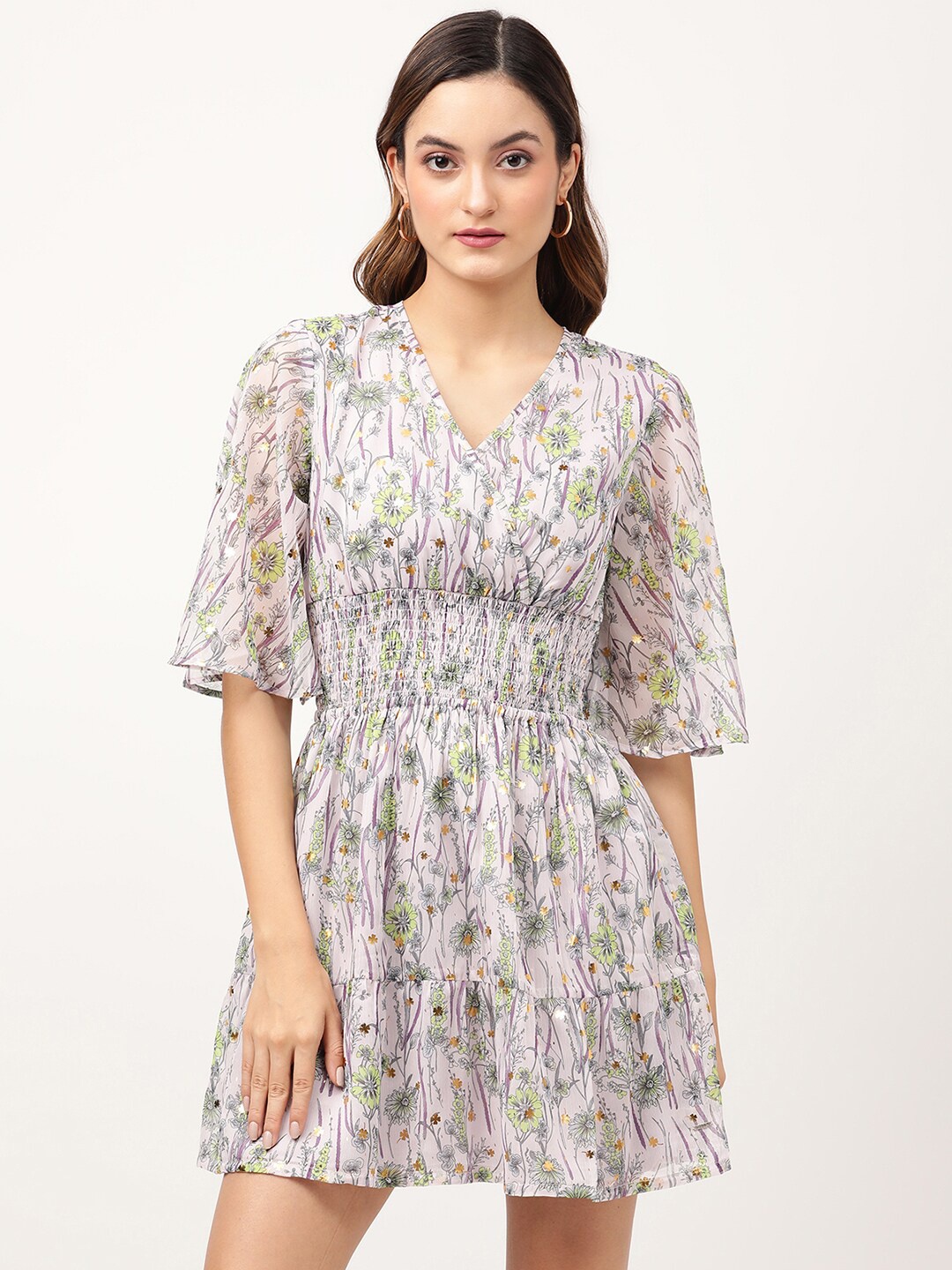 

ELLE Lavender & Green Floral Printed Smocked Fit & Flare Dress