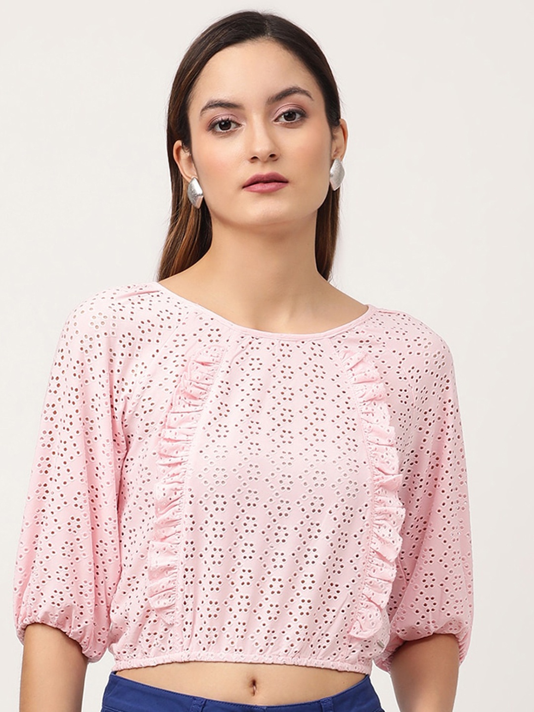 

ELLE Pink Floral Pure Cotton Schiffli Crop Top