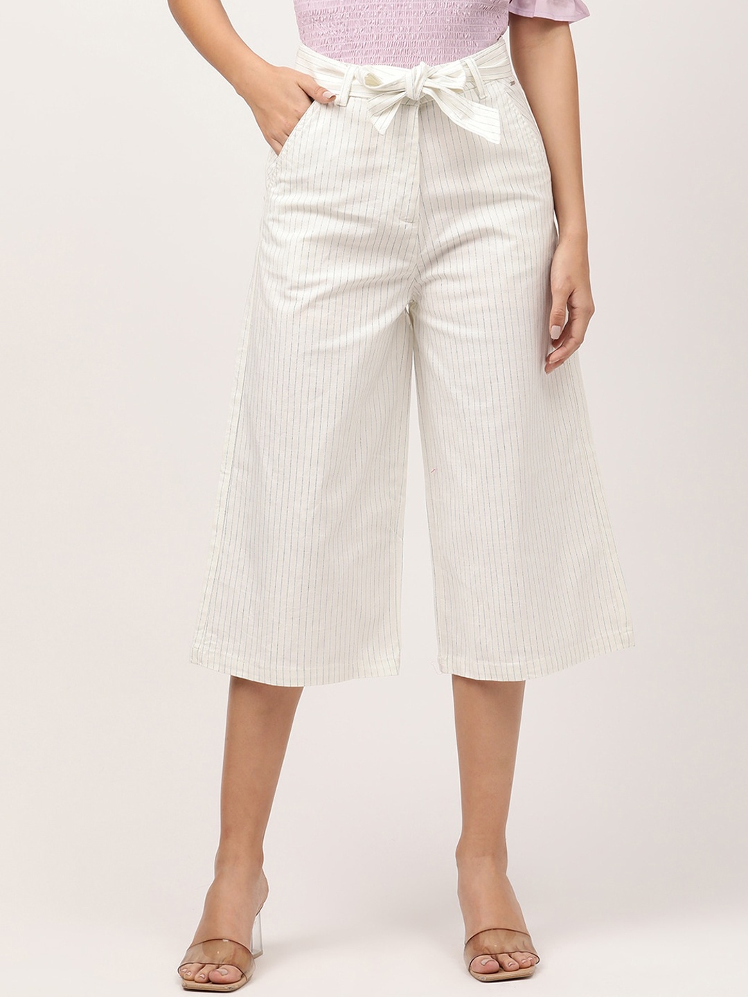 

ELLE Women White Striped Relaxed Cotton Culottes Trousers