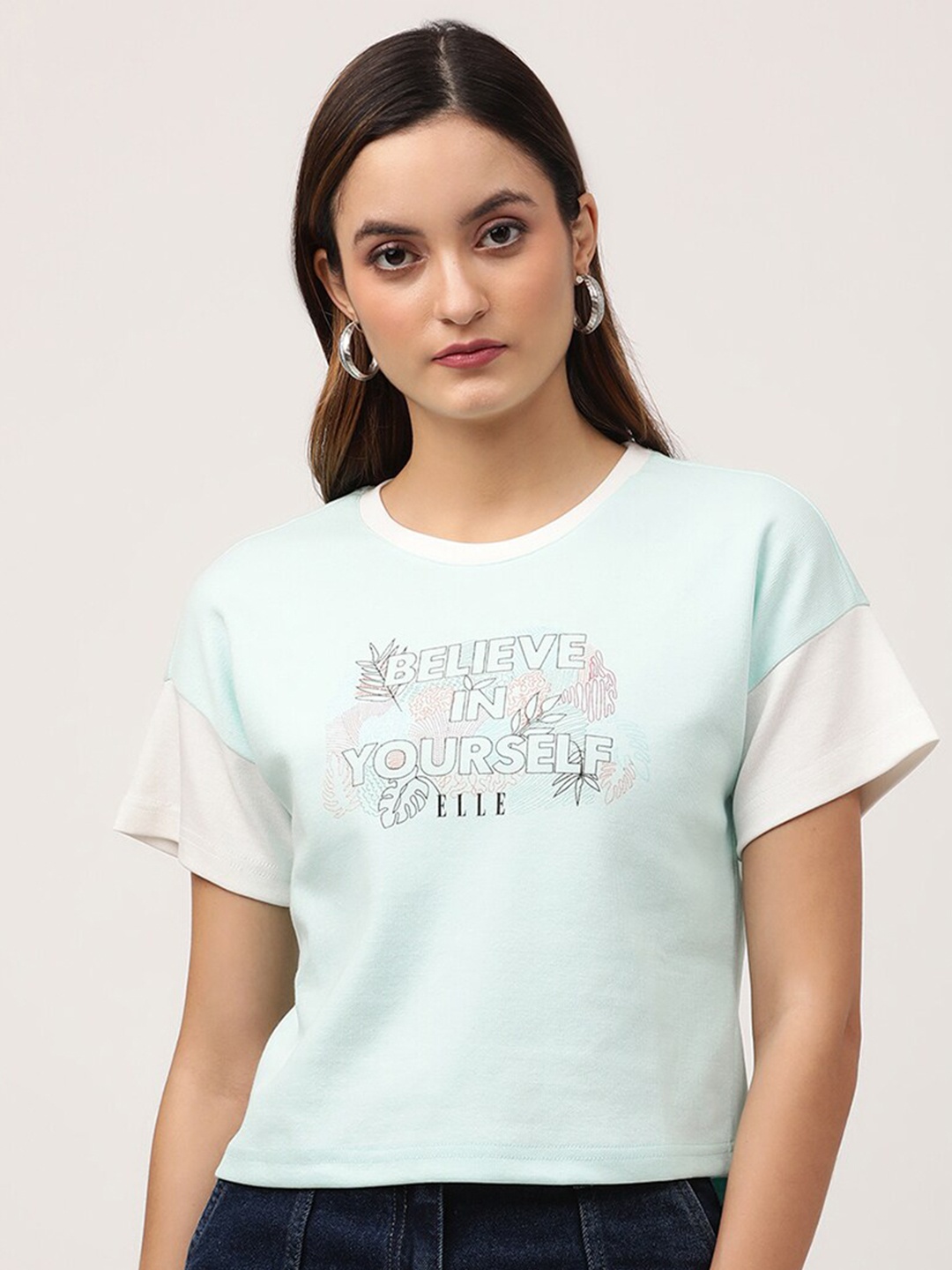 

ELLE Women Blue Typography Printed Drop Shoulder Sleeves Pure Cotton Slim Fit T-shirt