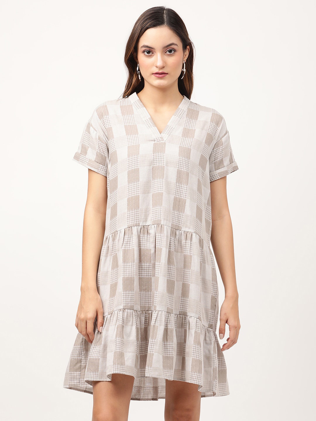 

ELLE Grey & Beige Checked Cotton Drop-Waist Dress