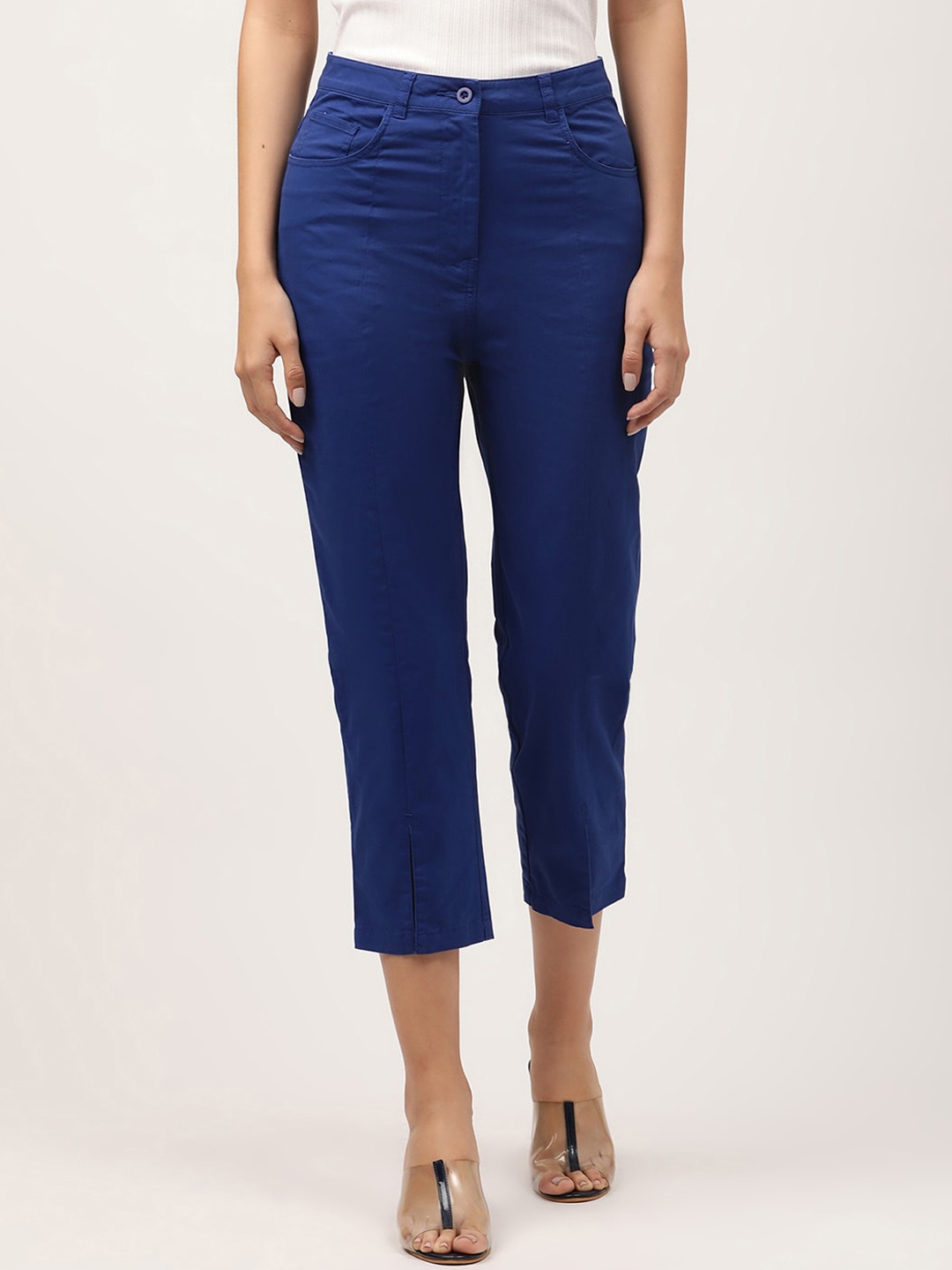 

ELLE Women Blue Buddy Hug Slim Fit Cropped Cotton Trousers
