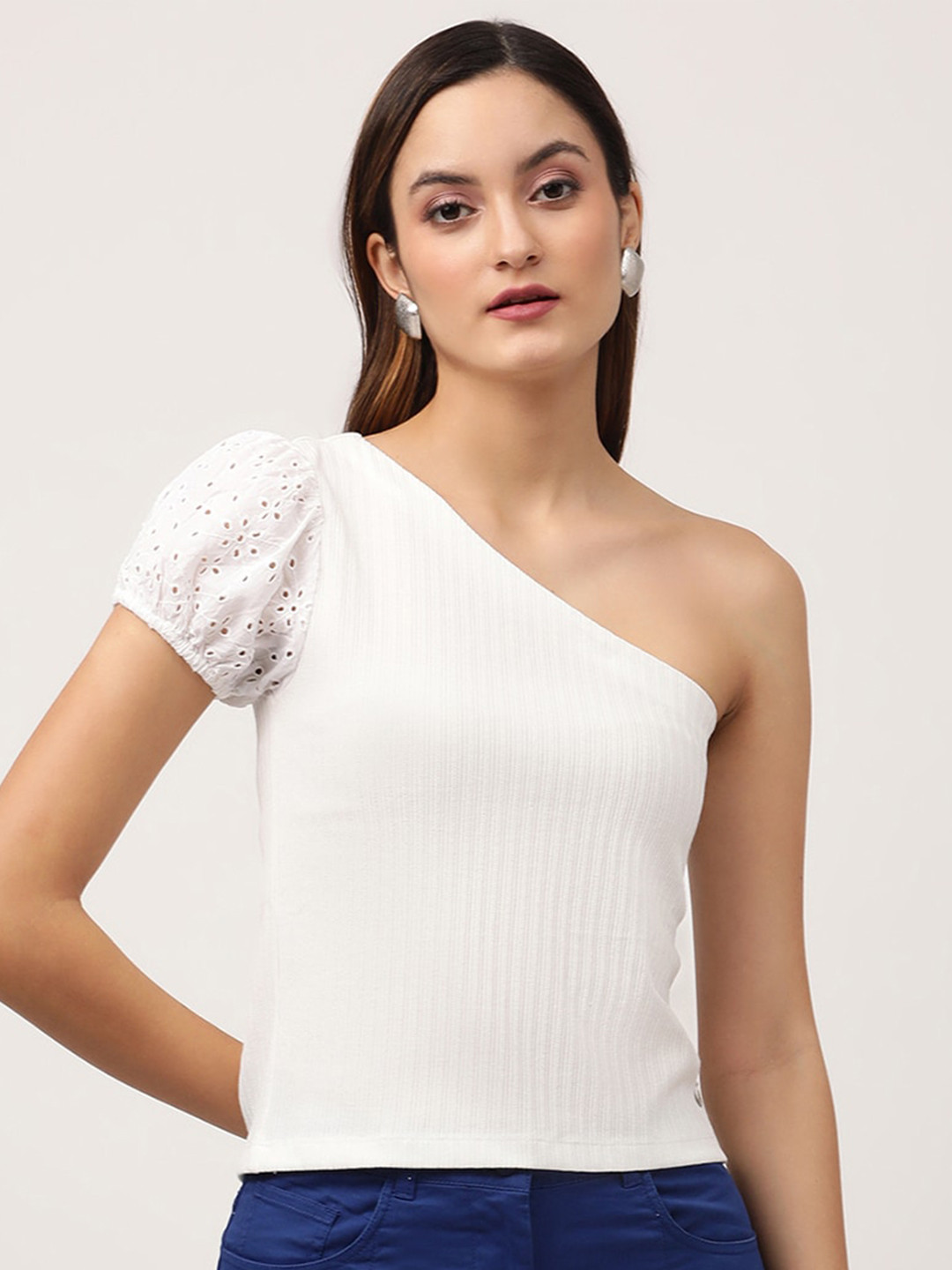 

ELLE White Ribbed One Shoulder Schiffli Knitted Pure Cotton Fitted Top