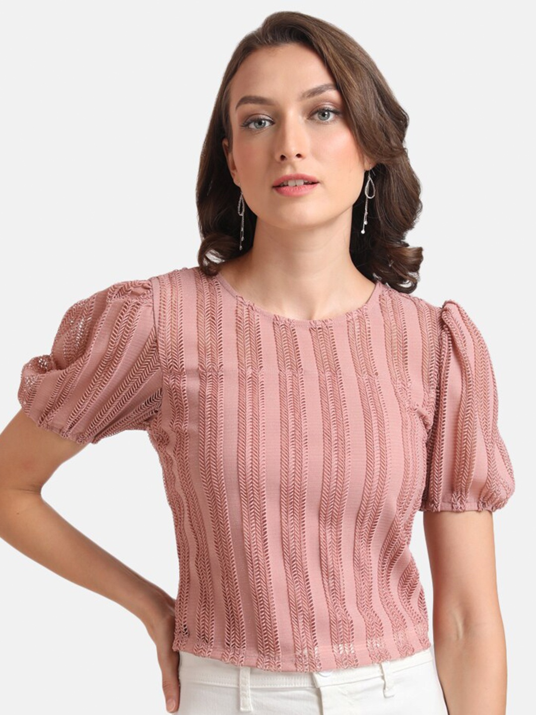 

Kazo Women Pink Solid Puff Sleeves Top