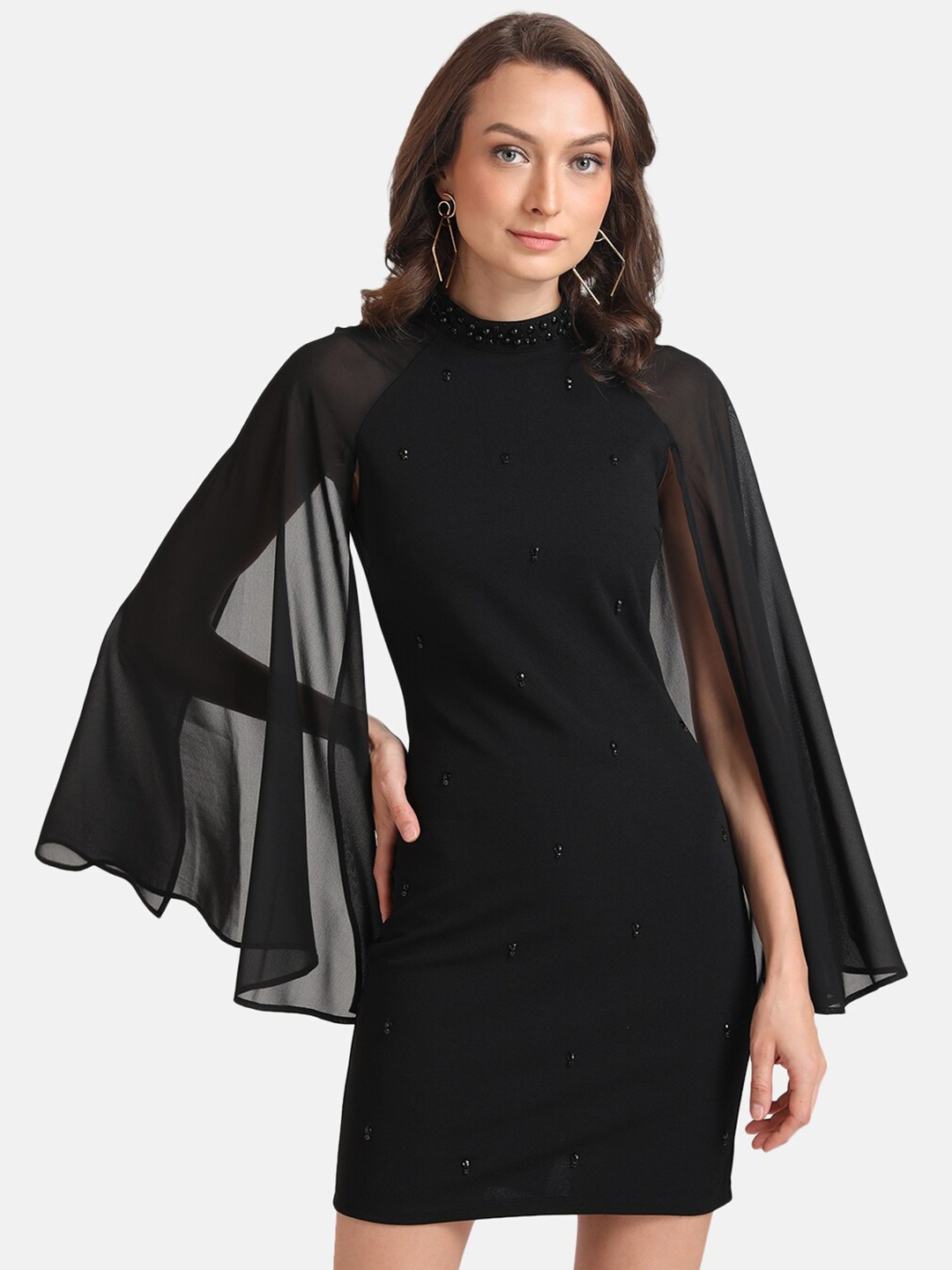 

Kazo Black Embellished Slit Sleeves Sheath Dress