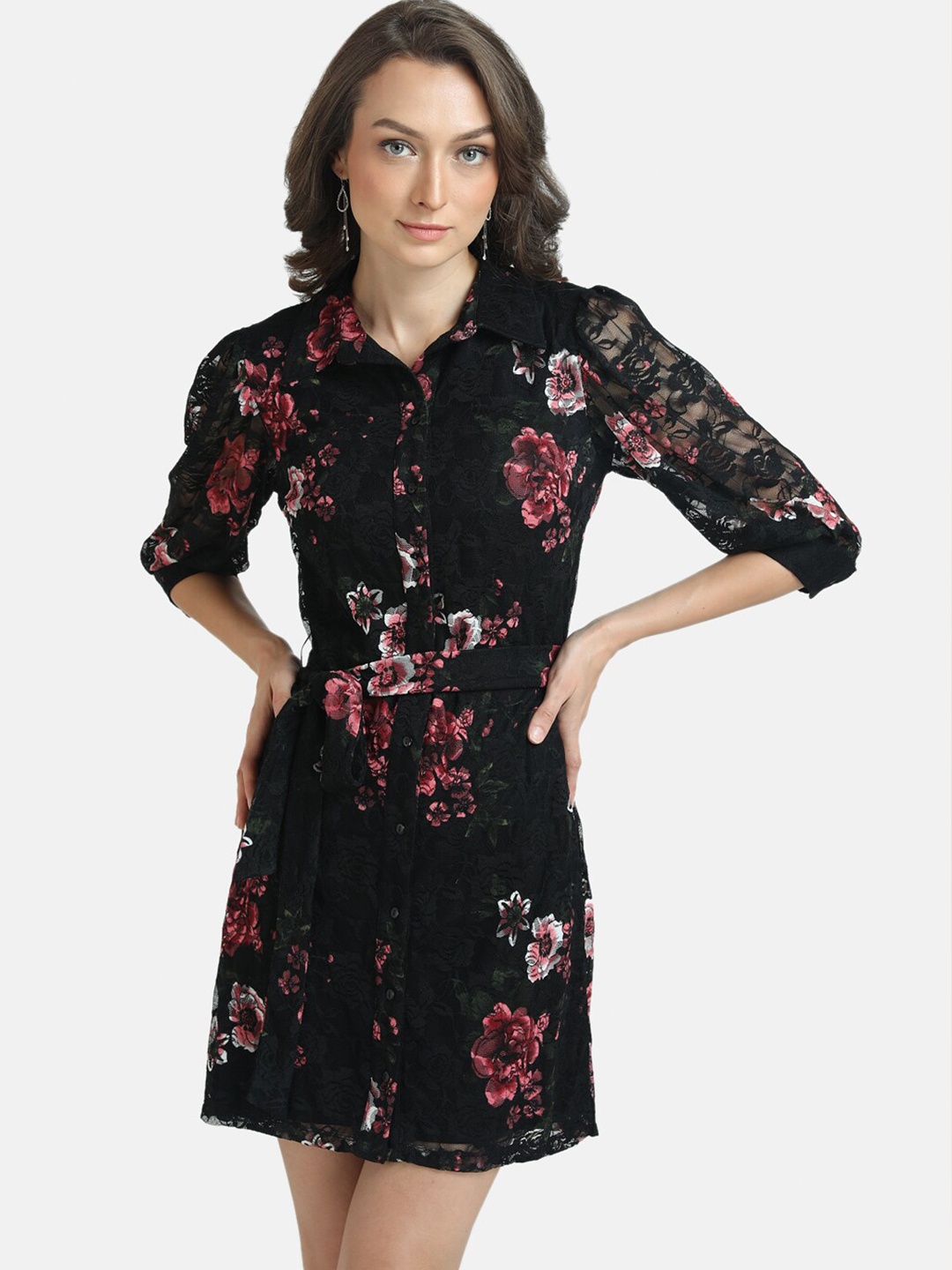 

Kazo Black Floral Shirt Lace Mini Dress