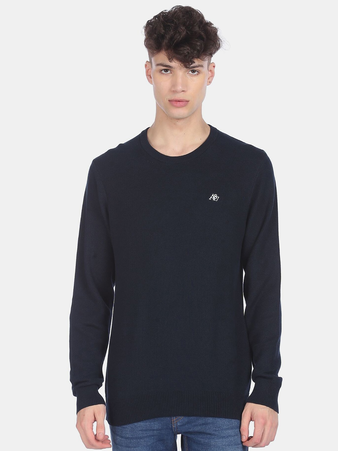 

Aeropostale Men Navy Blue Pullover Textured Sweater
