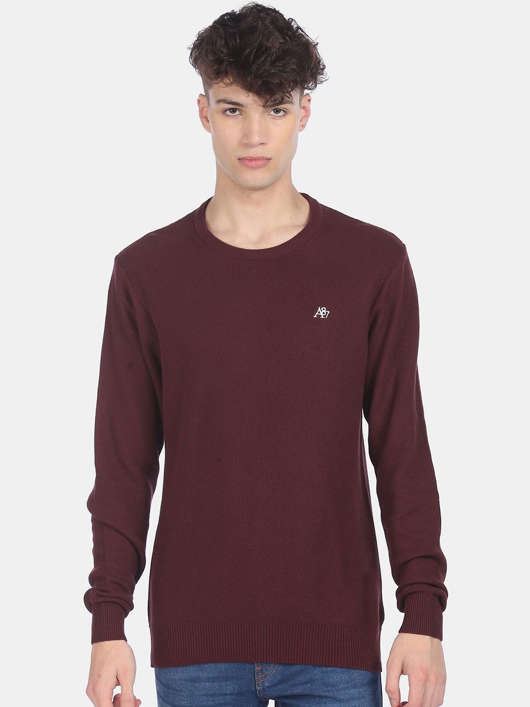 

Aeropostale Men Burgundy Solid Pullover