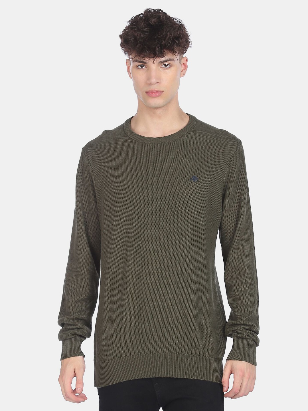 

Aeropostale Men Olive Green Pure Cotton Pullover
