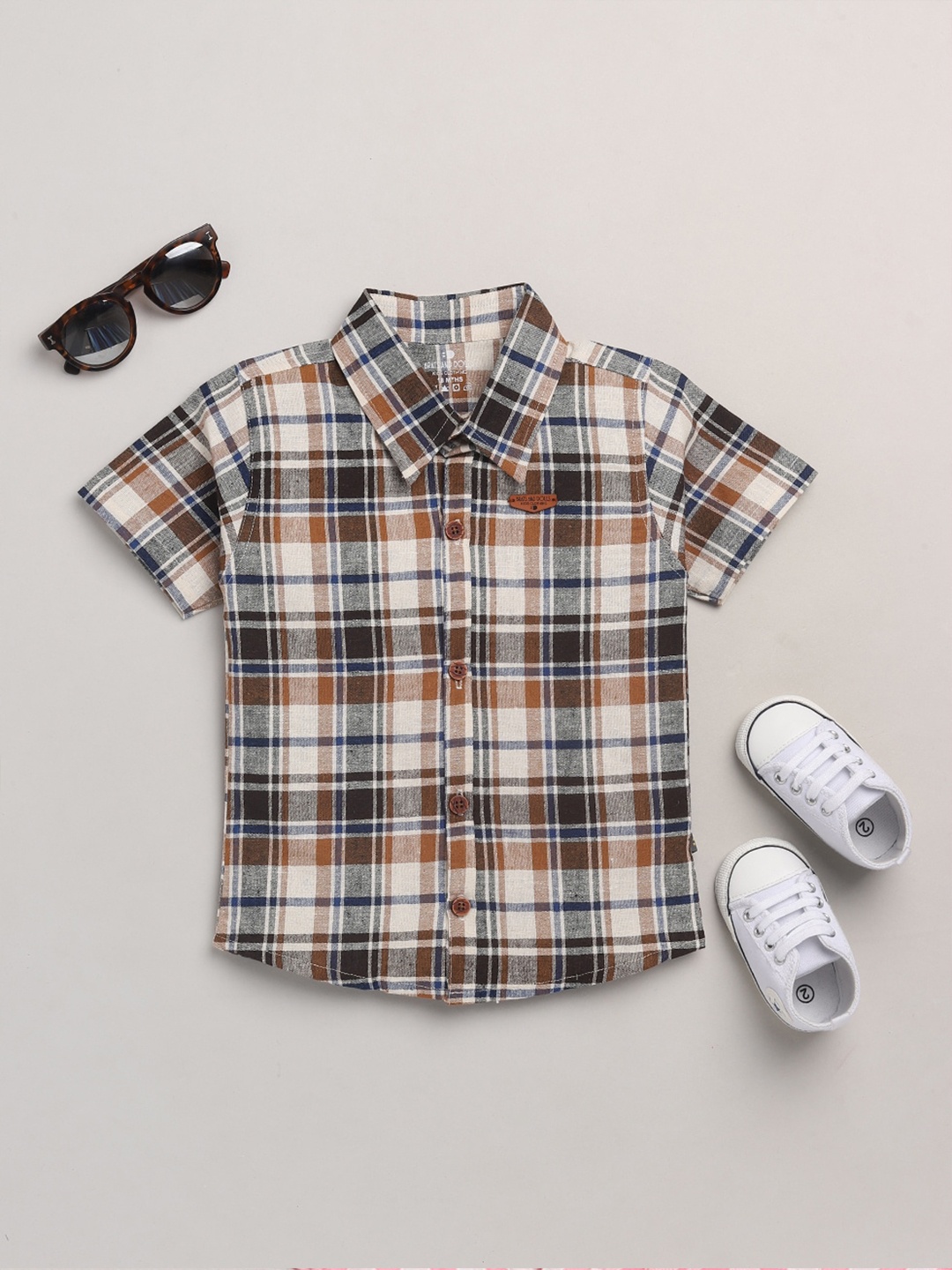 

BRATS AND DOLLS Boys Brown & White Tartan Checks Checked Cotton Casual Shirt