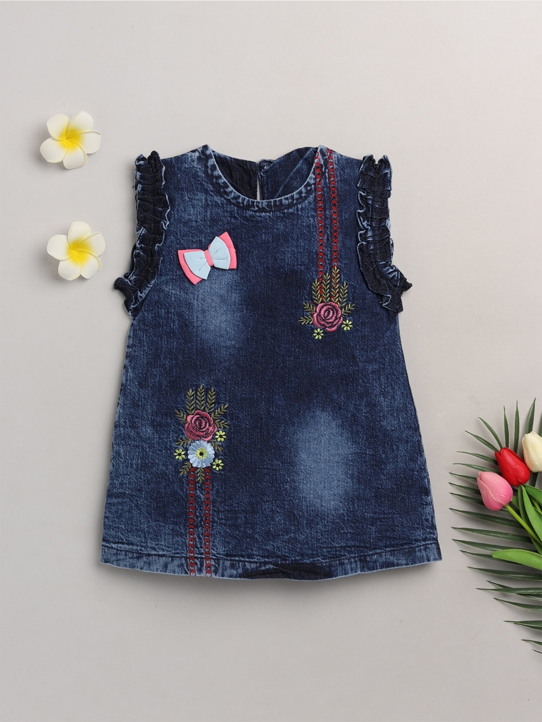 

BRATS AND DOLLS Girls Navy Blue & Pink Embroidered Cotton A-Line Mini Dress