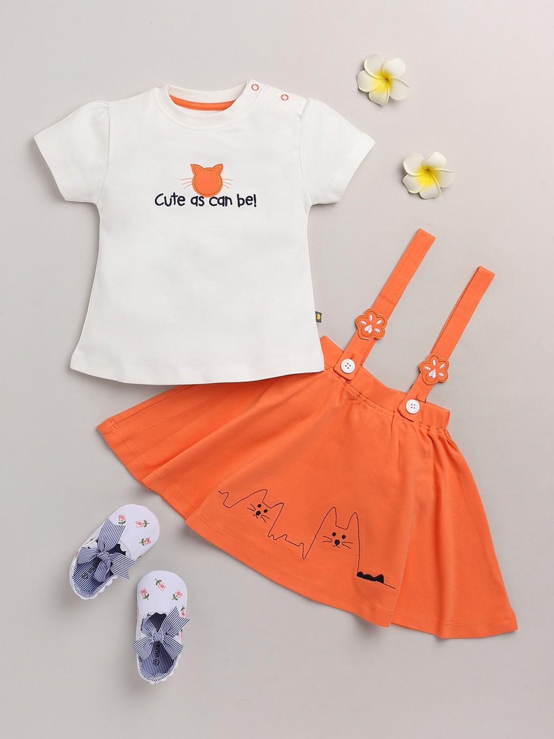 

BRATS AND DOLLS Girls Orange Printed Pure Cotton T-shirt with Skirt