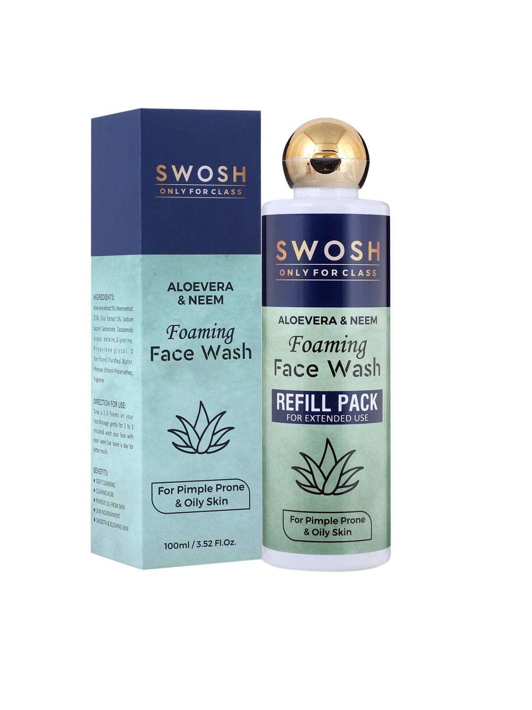 

SWOSH Aloe Vera & Neem Foaming Face Wash Refill Pack for Pimple Prone & Oily Skin - 200 ml, Blue