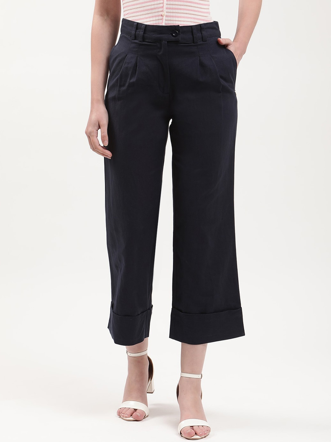 

ELLE Women Navy Blue Slim Fit Pleated Cotton Culottes Trousers