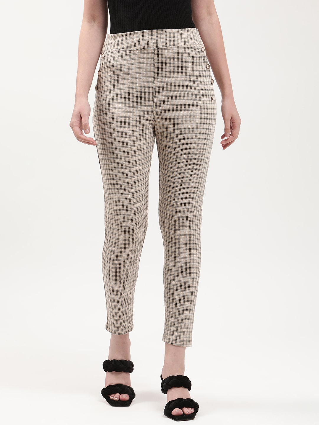 

ELLE Women Beige Printed Checked Slim-Fit Jeggings