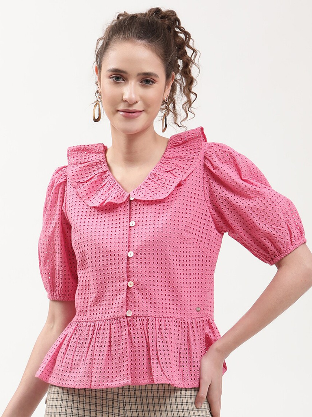 

ELLE Pink Solid Schiffli Peter Pan Collar Pure Cotton Peplum Top
